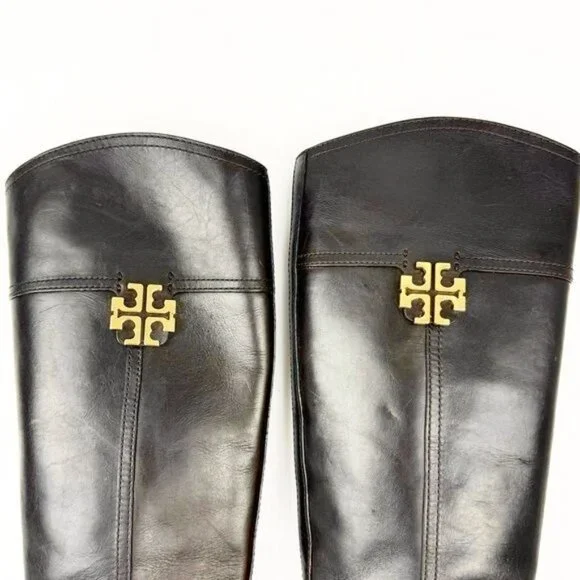 Tory Burch The Eloise Tall logo Riding Boot Leather Deep Brown w Gold details 7 - Picture 8 of 11